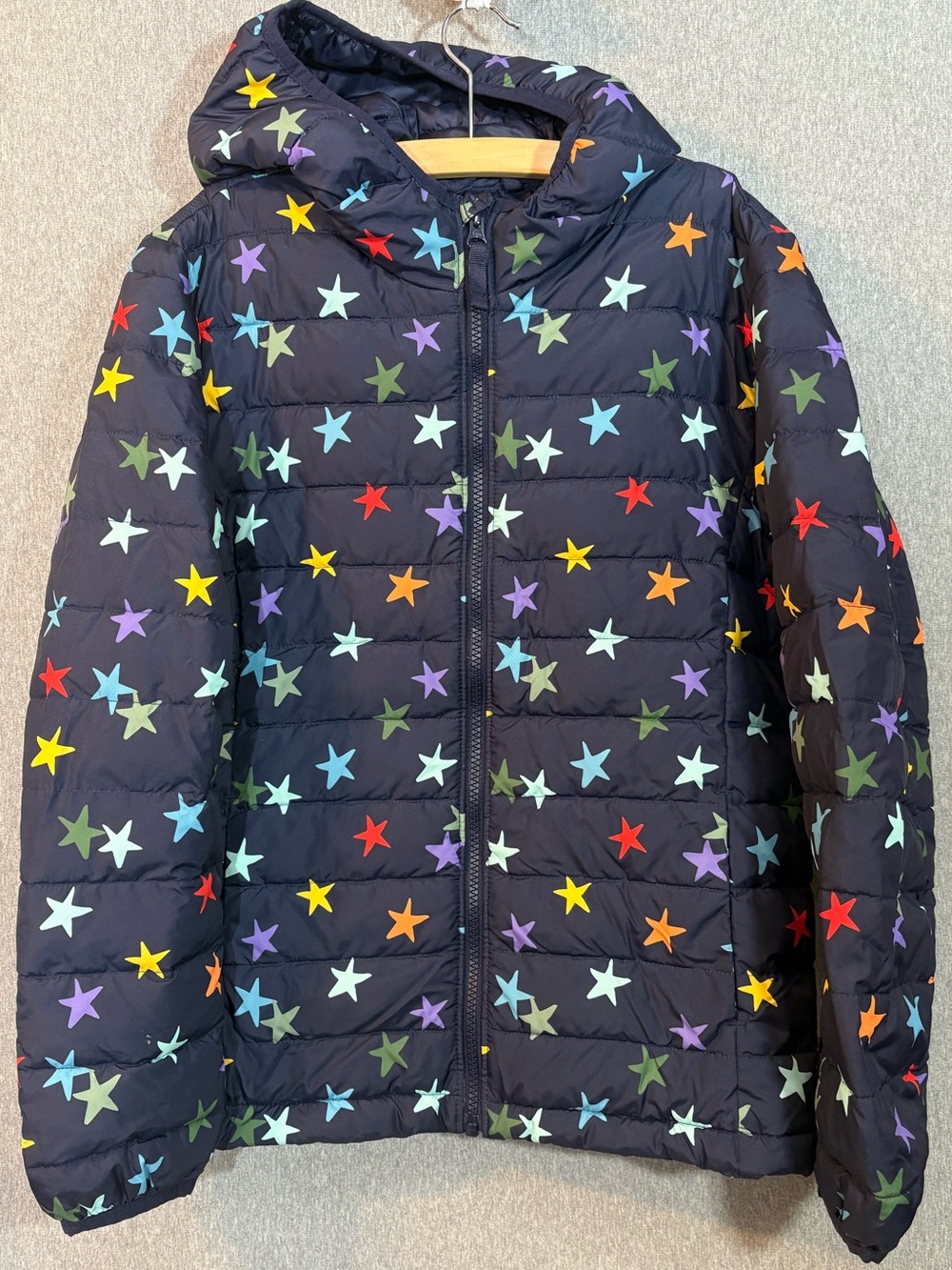 EUC - Worn only twice - Primary Puffer Coat Size 12 Hooded Confetti Stars